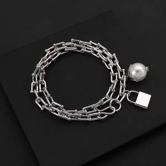 Graduated Link Elegant Silver Chain Lock Pearl Charm - Picture 7 of 7